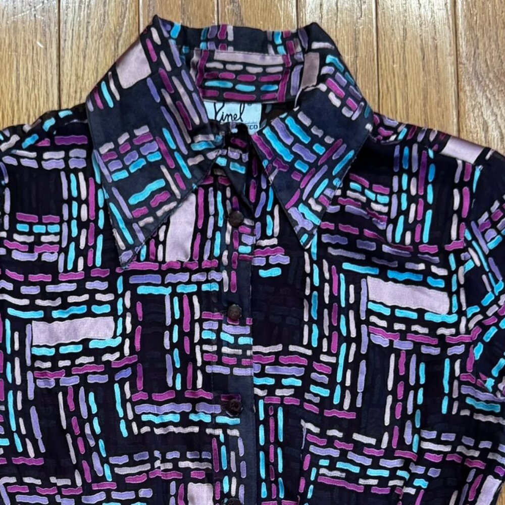 Designer Sheer Purple Cotton Blouse Art-to-wear All Over Geo Print — XS